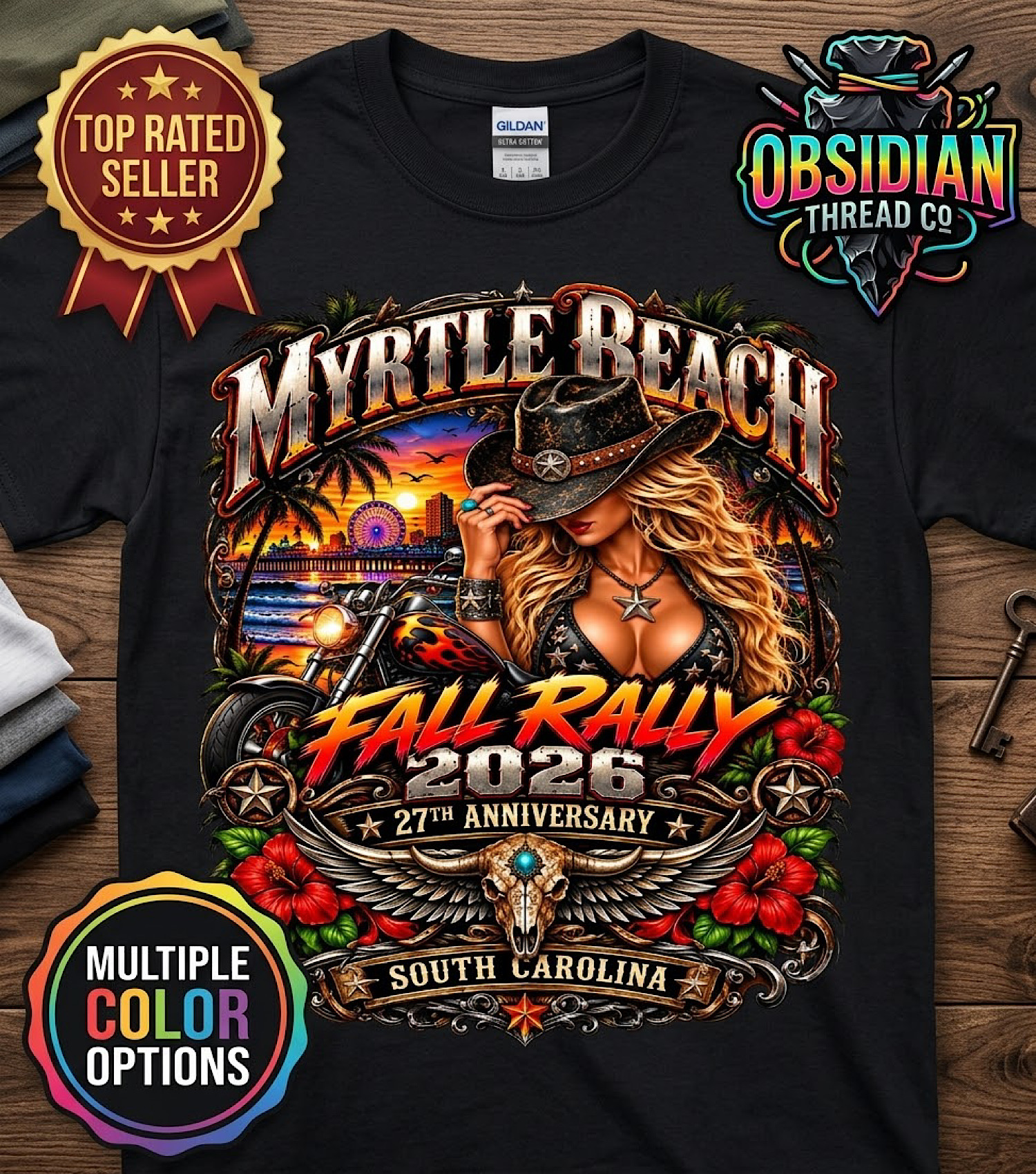 2026 Myrtle Beach Fall Rally Shirt 27th Anniversary Biker Tee SC no harley color preview 2