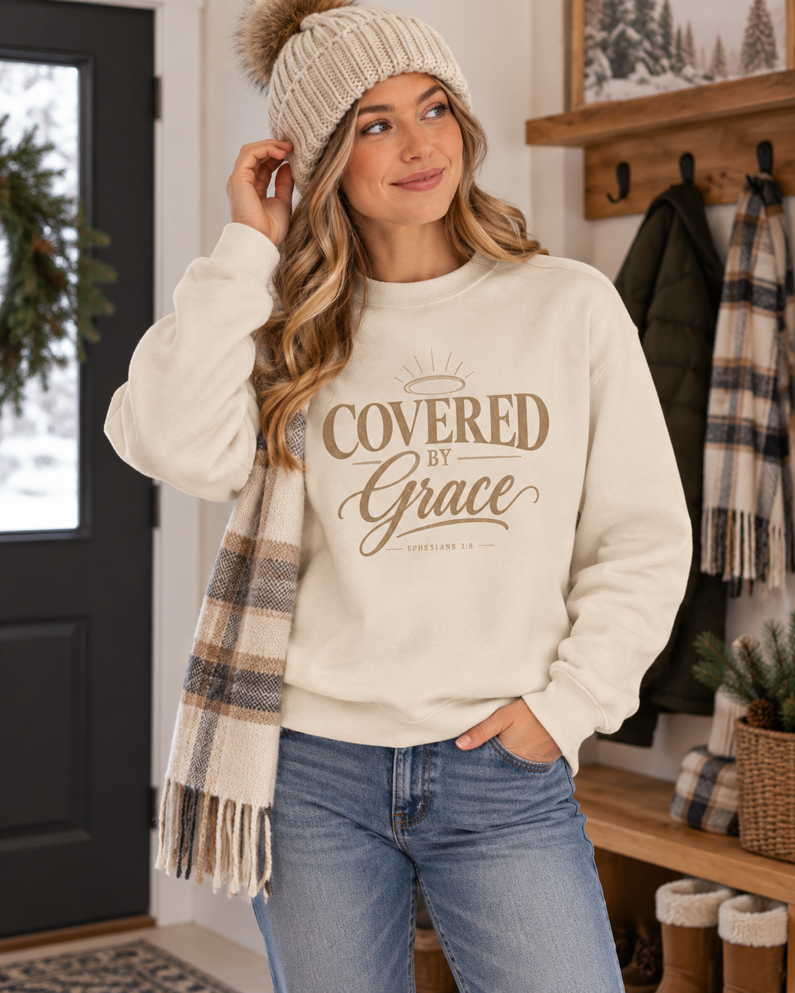 Covered by Grace Crewneck Sweatshirt | Christian Faith Typography: other