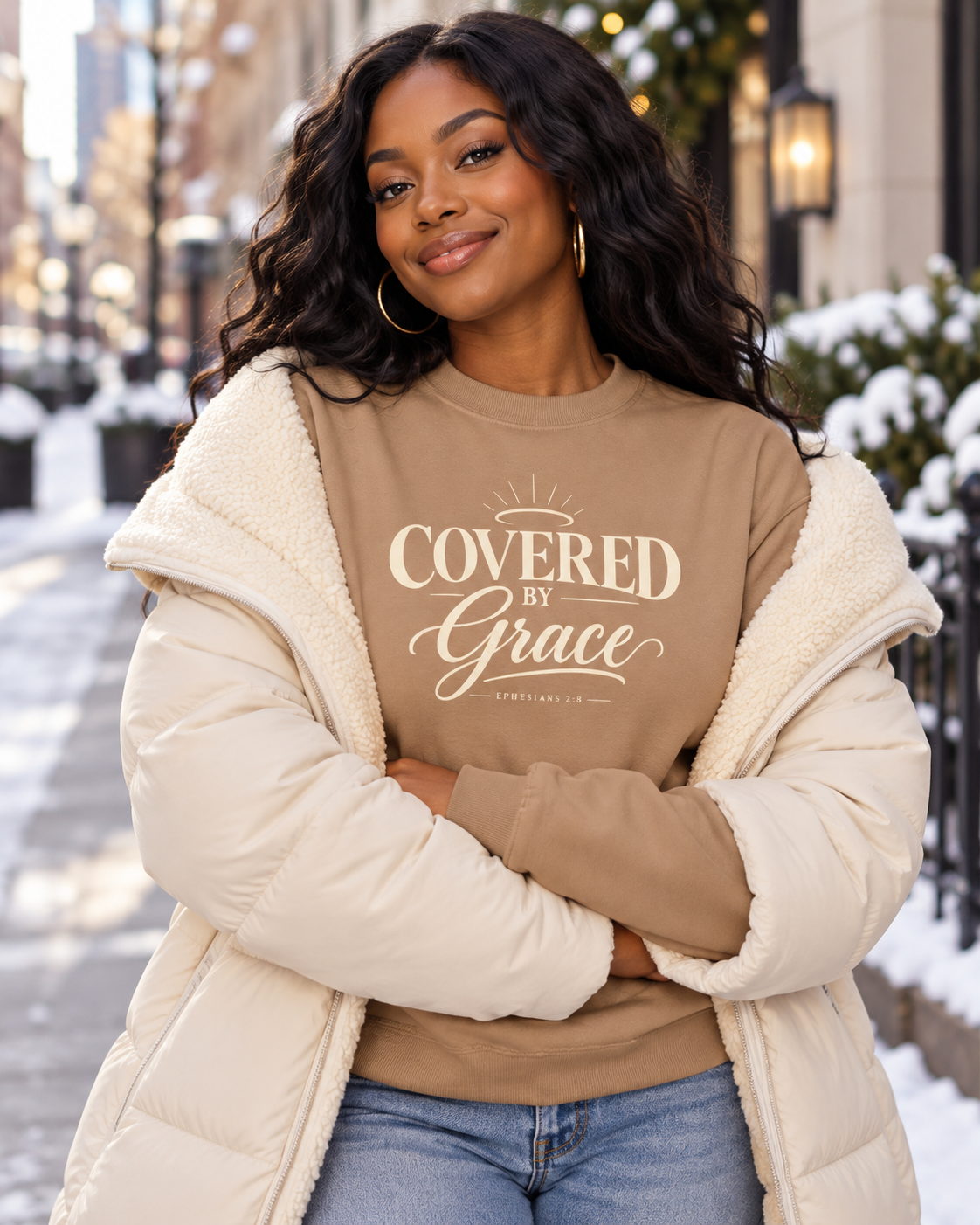 Sandstone Covered by Grace Crewneck Sweatshirt | Christian Faith Typography