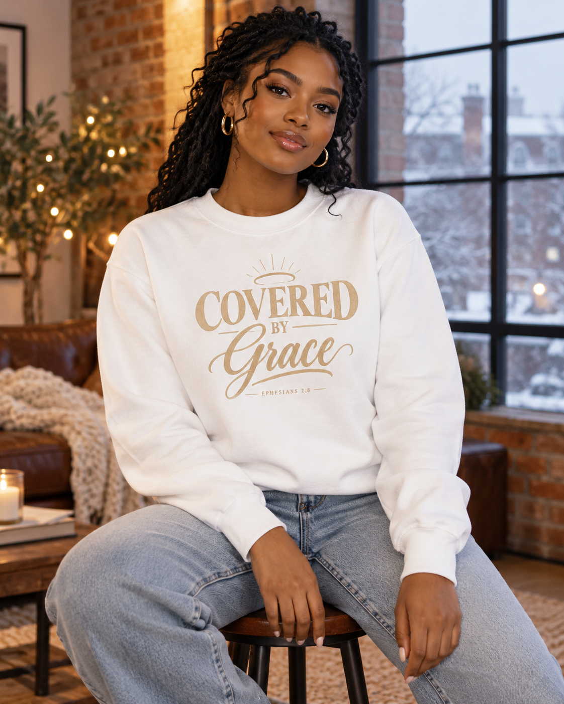 Covered by Grace Crewneck Sweatshirt | Christian Faith Typography: other