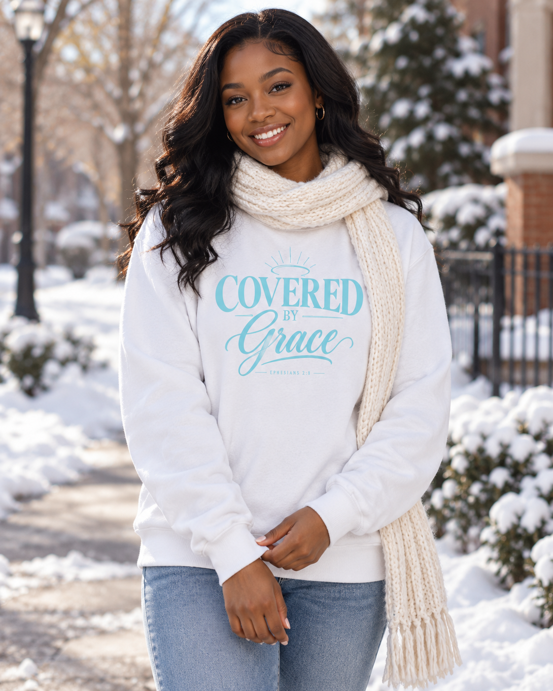 White Covered by Grace Sweatshirt | Christian Faith Typography