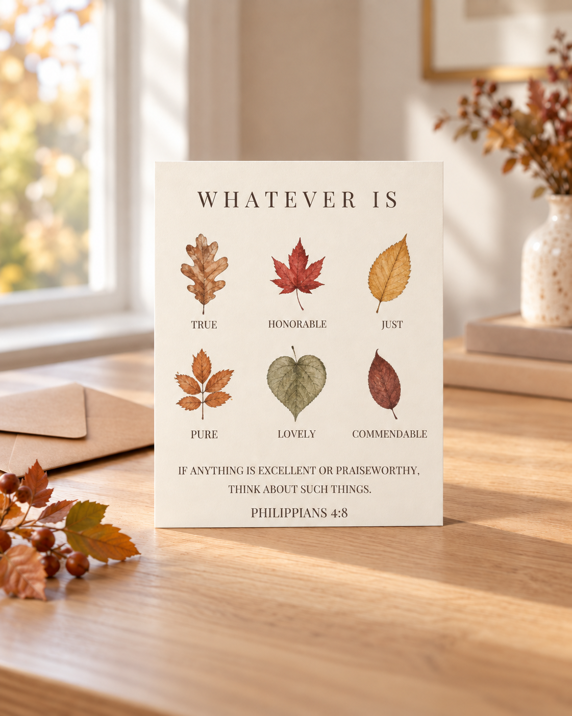 Thanksgiving Christian Greeting Cards Philippians 4:8 | Autumn Leaf Design, Scripture Note Cards with Envelopes, Set of 8, 16 or 24 – 8 pcs, Matte, 4.25” x 5.5”