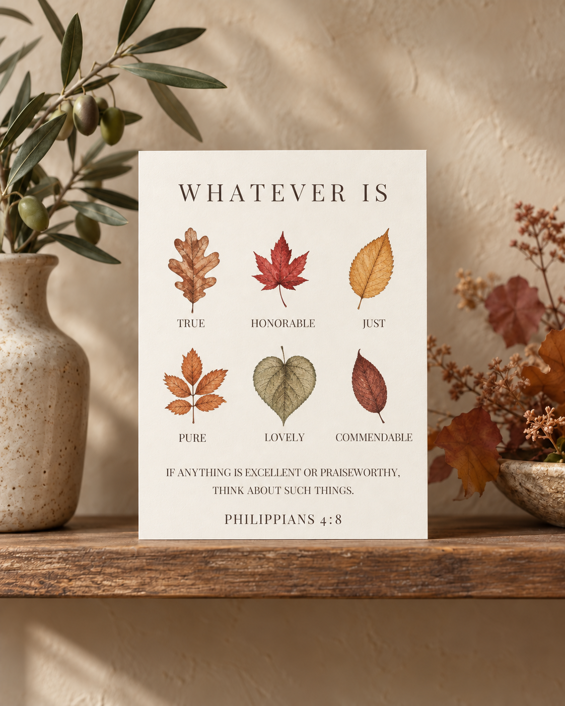 Thanksgiving Christian Greeting Cards Philippians 4:8 | Autumn Leaf Design, Scripture Note Cards with Envelopes, Set of 8, 16 or 24 – 8 pcs, Matte, 4.25” x 5.5”