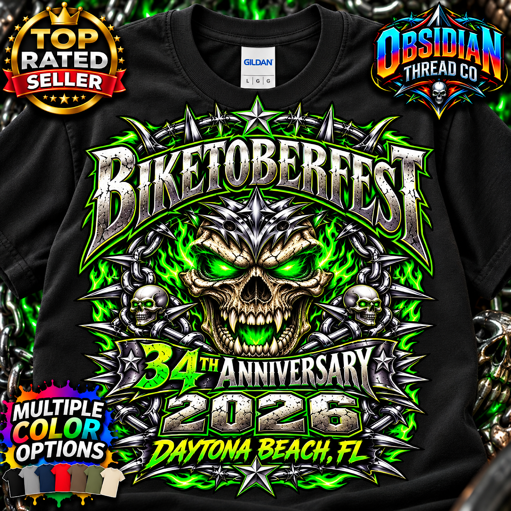 2026 Biketoberfest Daytona Beach 34th Anniversary Skull Biker Tee no harley color preview 4