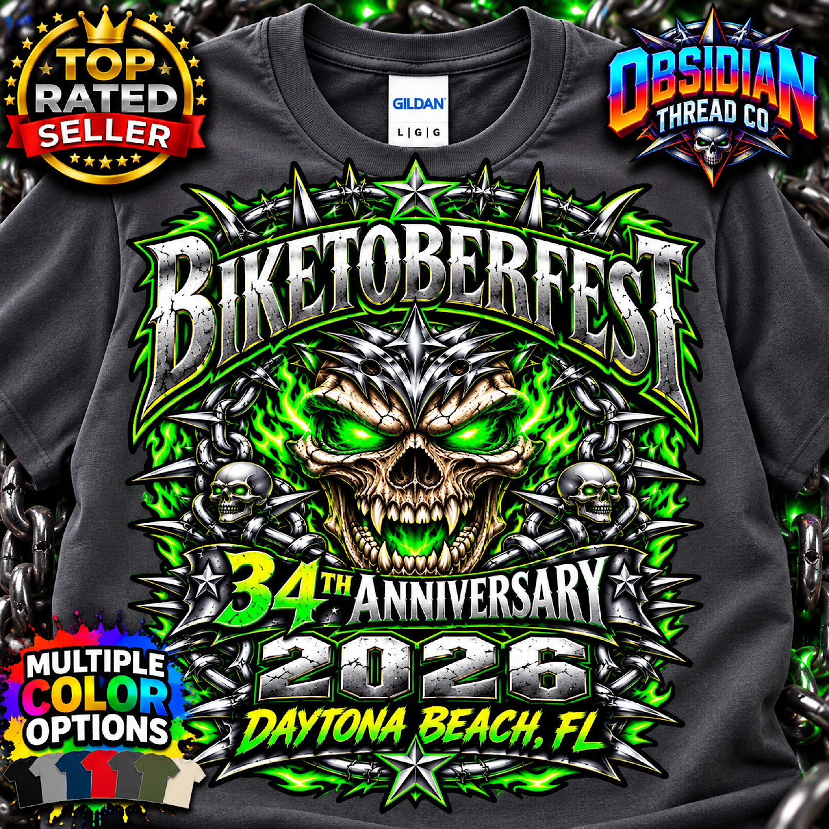 2026 Biketoberfest Daytona Beach 34th Anniversary Skull Biker Tee no harley color preview 2
