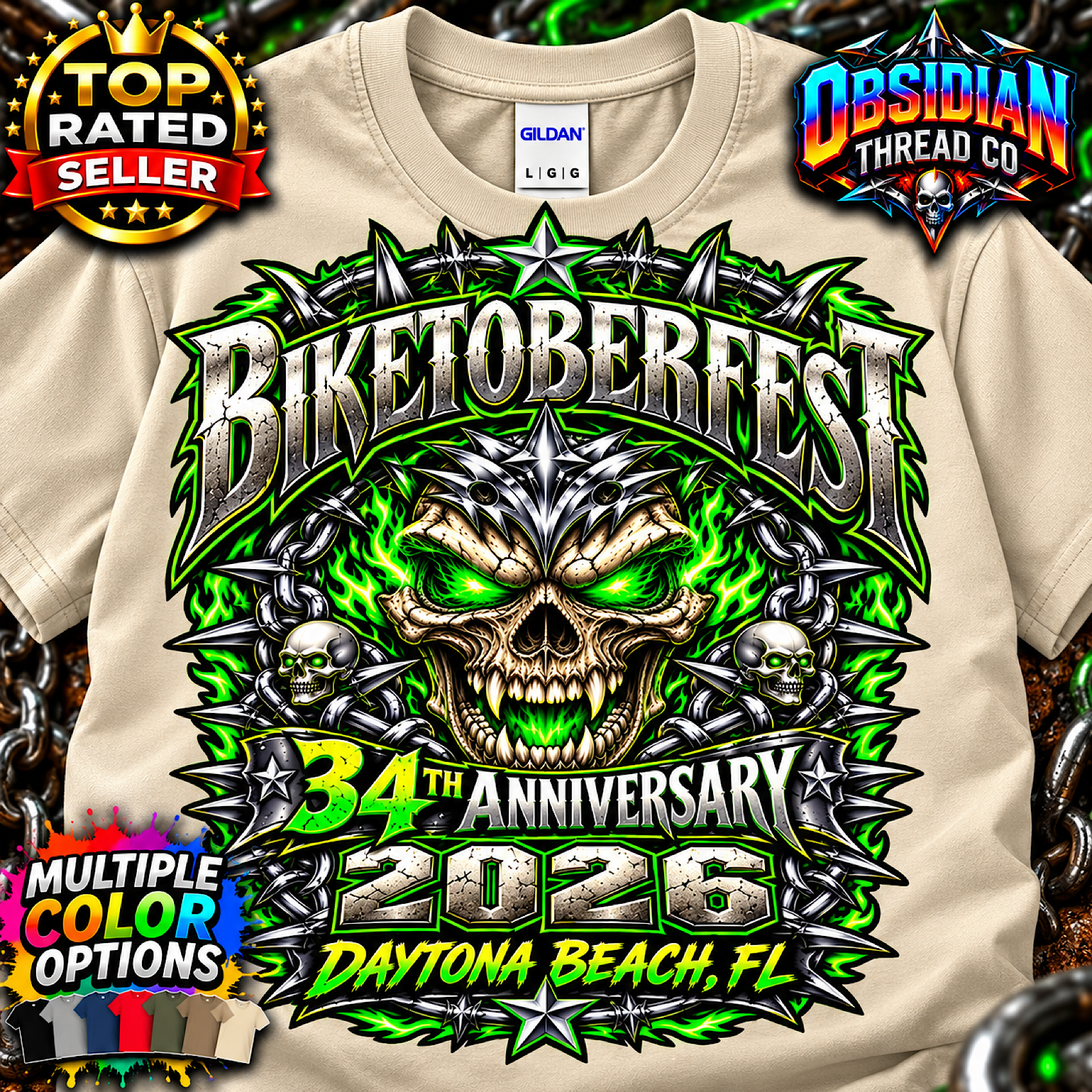 2026 Biketoberfest Daytona Beach 34th Anniversary Skull Biker Tee no harley color preview 3