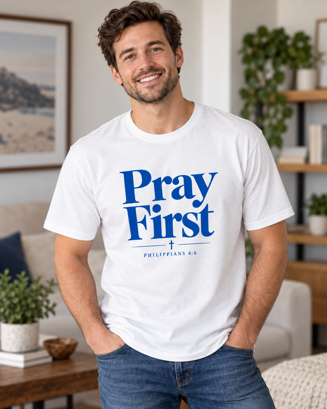 Pray First Scripture Tee | Blue |Christian Faith Prayer T-shirt: other