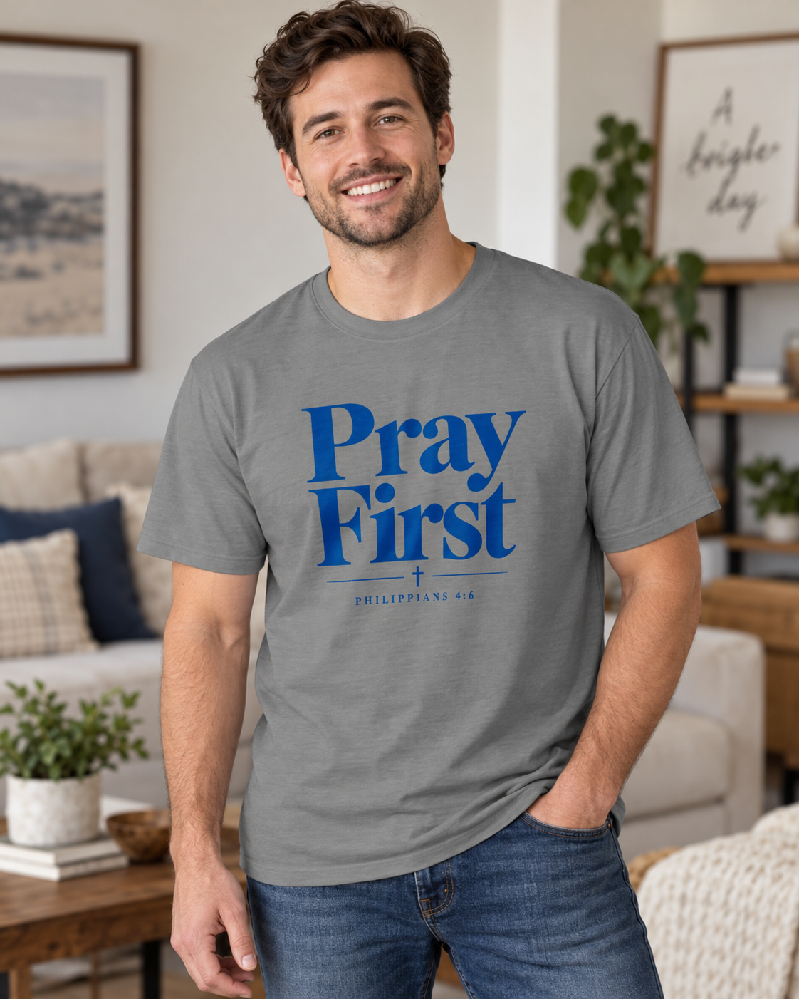Pray First Scripture Tee | Blue |Christian Faith Prayer T-shirt: other