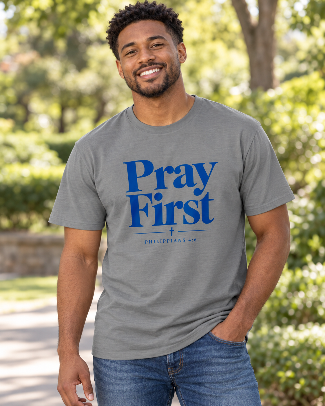 Pray First Scripture Tee | Blue |Christian Faith Prayer T-shirt: other