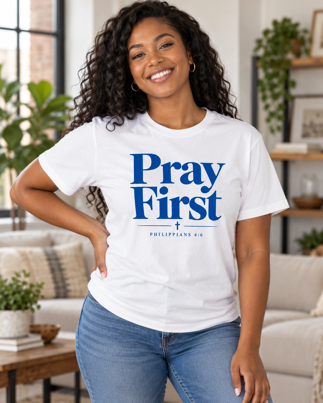 White Pray First Scripture Tee | Blue |Christian Faith Prayer T-shirt