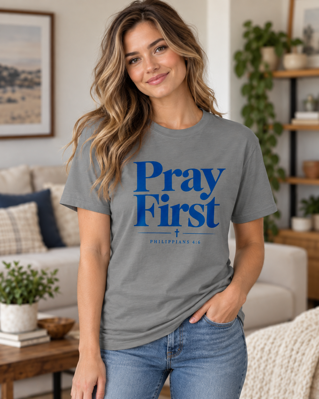 Pray First Scripture Tee | Blue |Christian Faith Prayer T-shirt: other