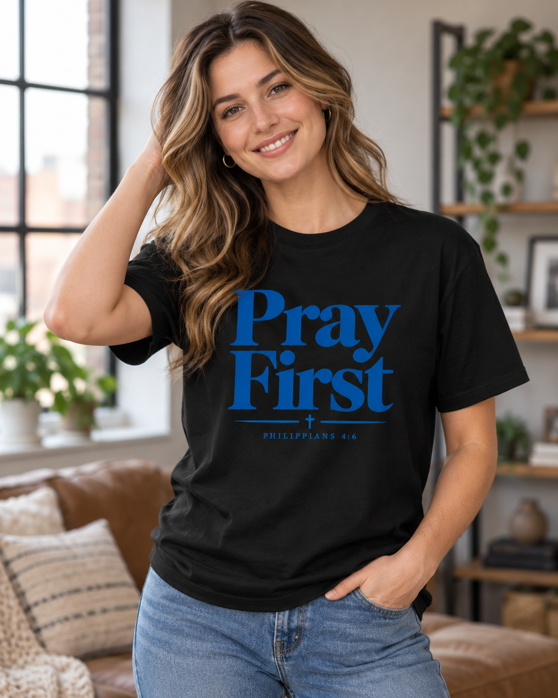 Pray First Scripture Tee | Blue |Christian Faith Prayer T-shirt: other