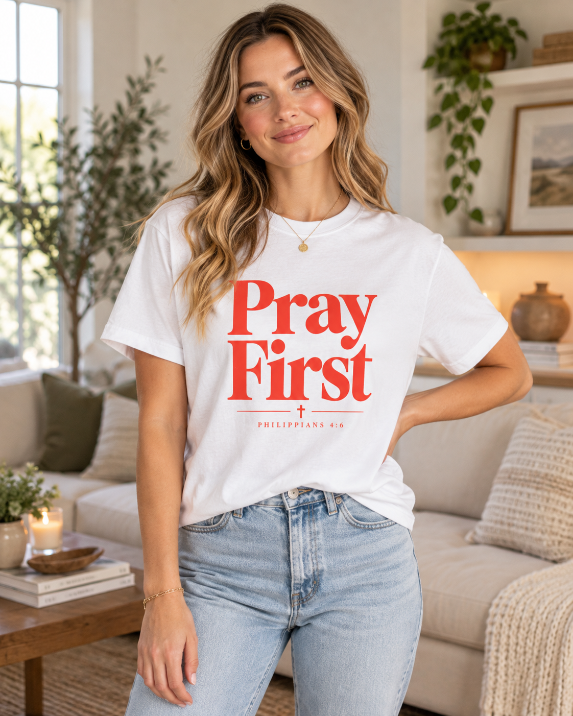 White Pray First Scripture Tee | Orange |Christian Faith Prayer T-shirt