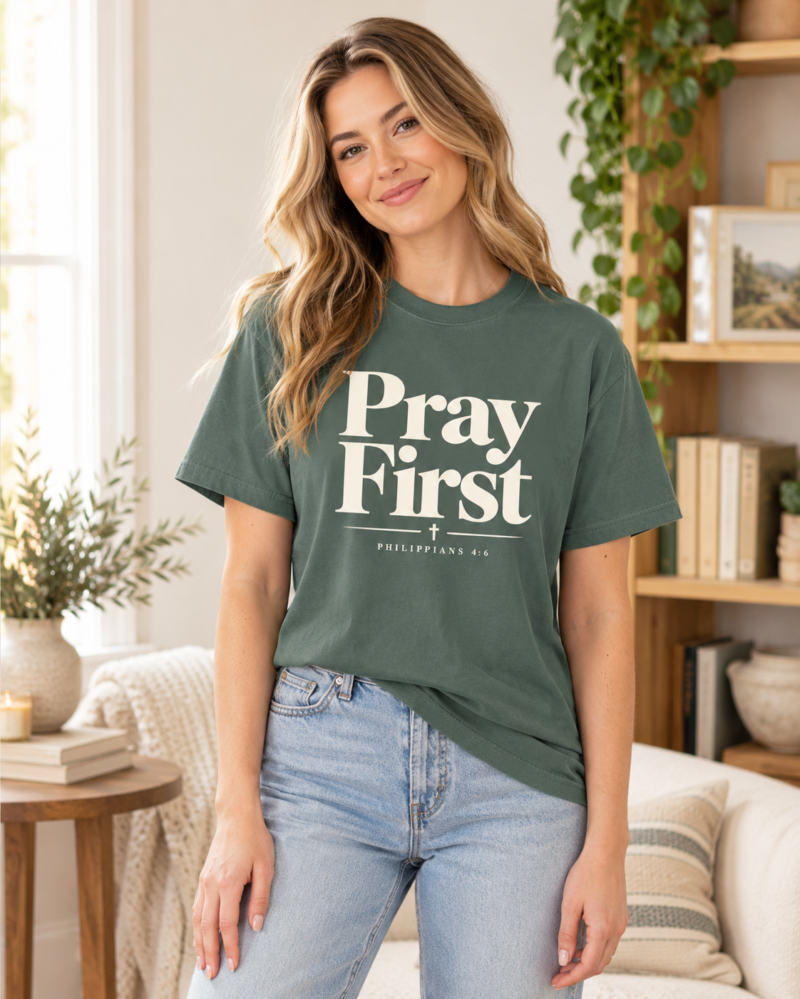 Blue Spruce Pray First Scripture Tee | Christian Faith Prayer T-shirt