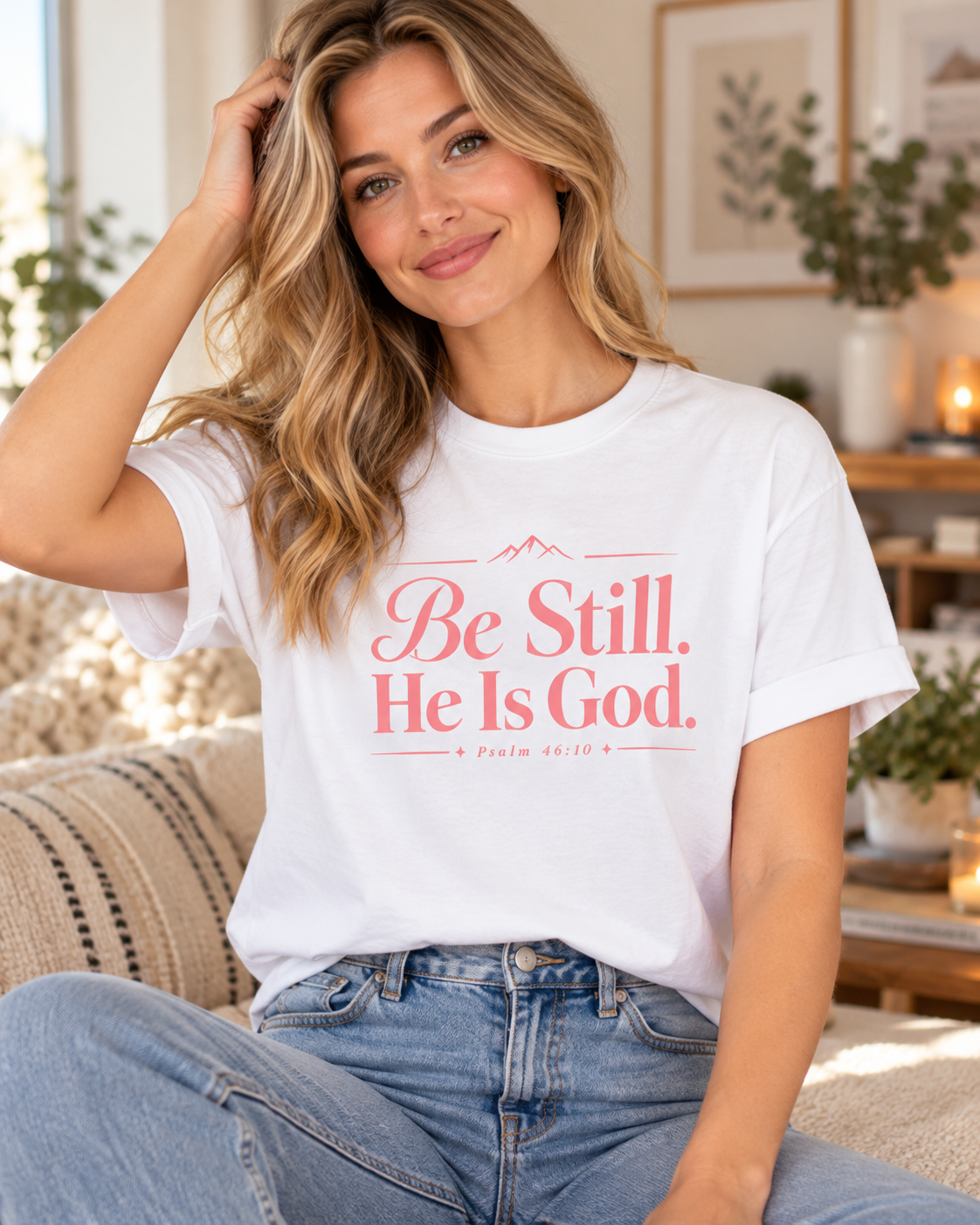 White Be Still He Is God T-shirt |Pink | Christian Scripture Psalm 46:10 Faith Tee