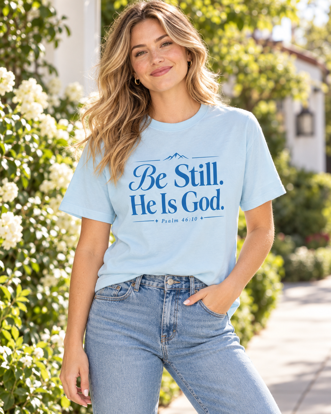 Chambray Be Still He Is God T-shirt | Blue | Christian Scripture Psalm 46:10 Faith Tee