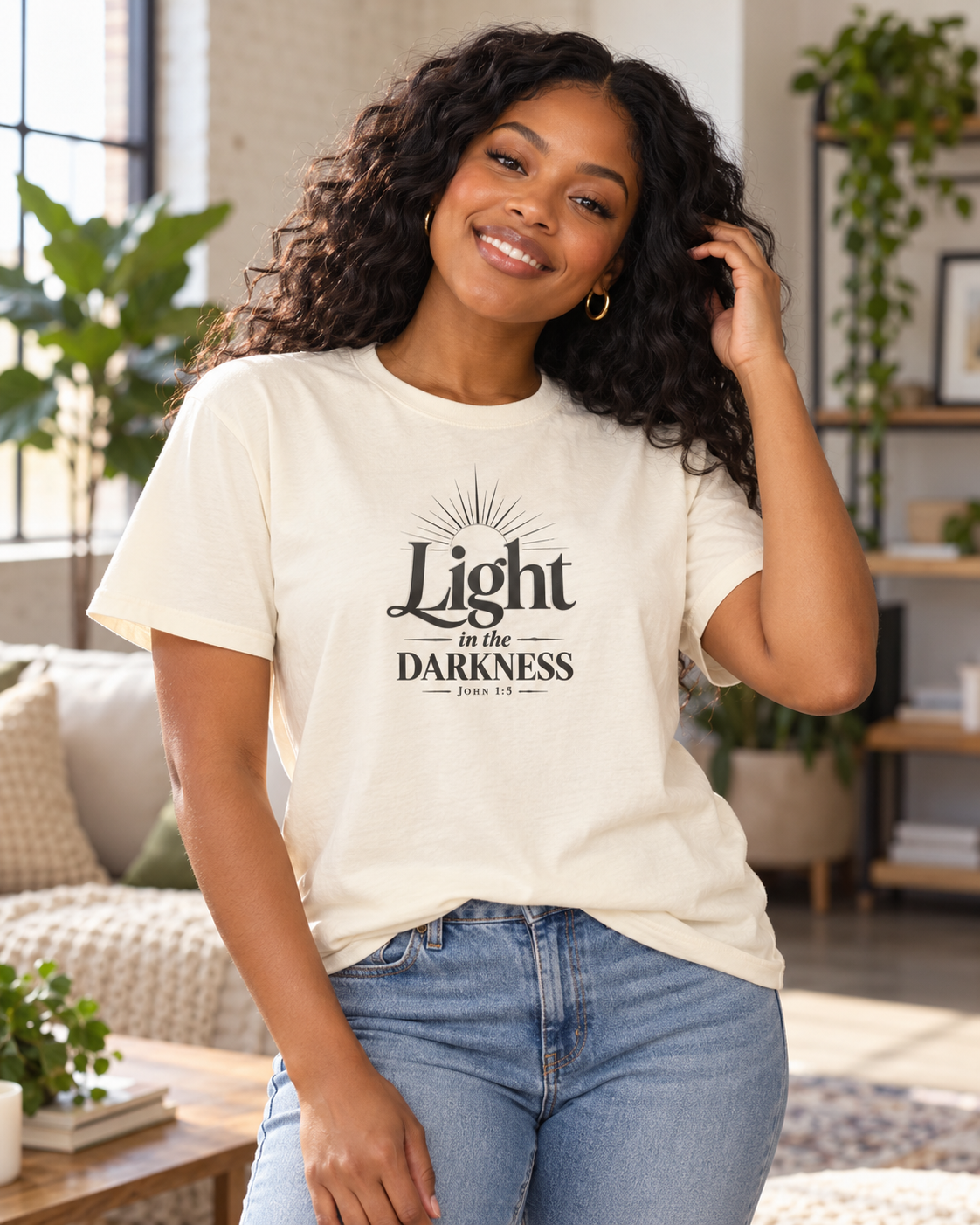 Ivory Light in the Darkness T-shirt | Inspirational Scripture Typography