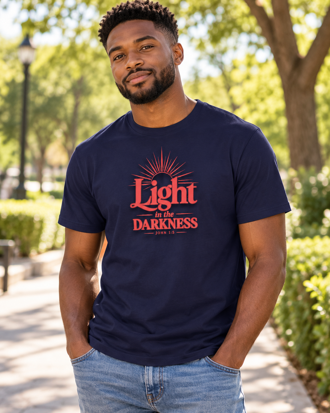 True Navy Light in the Darkness T-Shirt | Red | Inspirational Scripture Typography