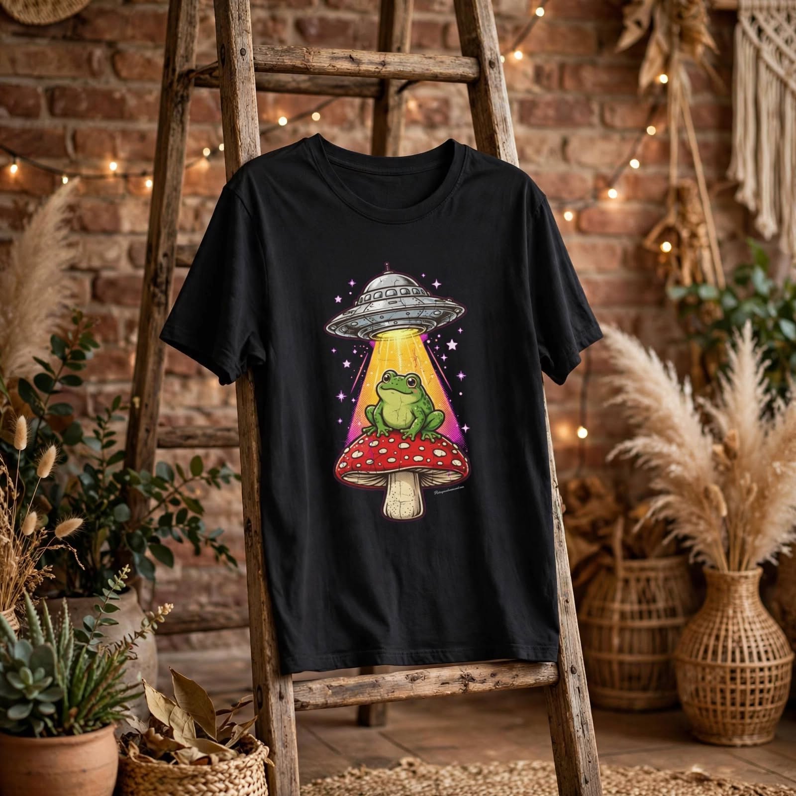 Beam Me UP - Cute Frog Mushroom UFO T-Shirt, Retro Frog Graphic Tee, Funny Cottagecore Shirt