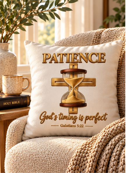 Patience - God's Timing is Perfect Throw Pillow - Fruit of the Spirit Inspirational Home Decor