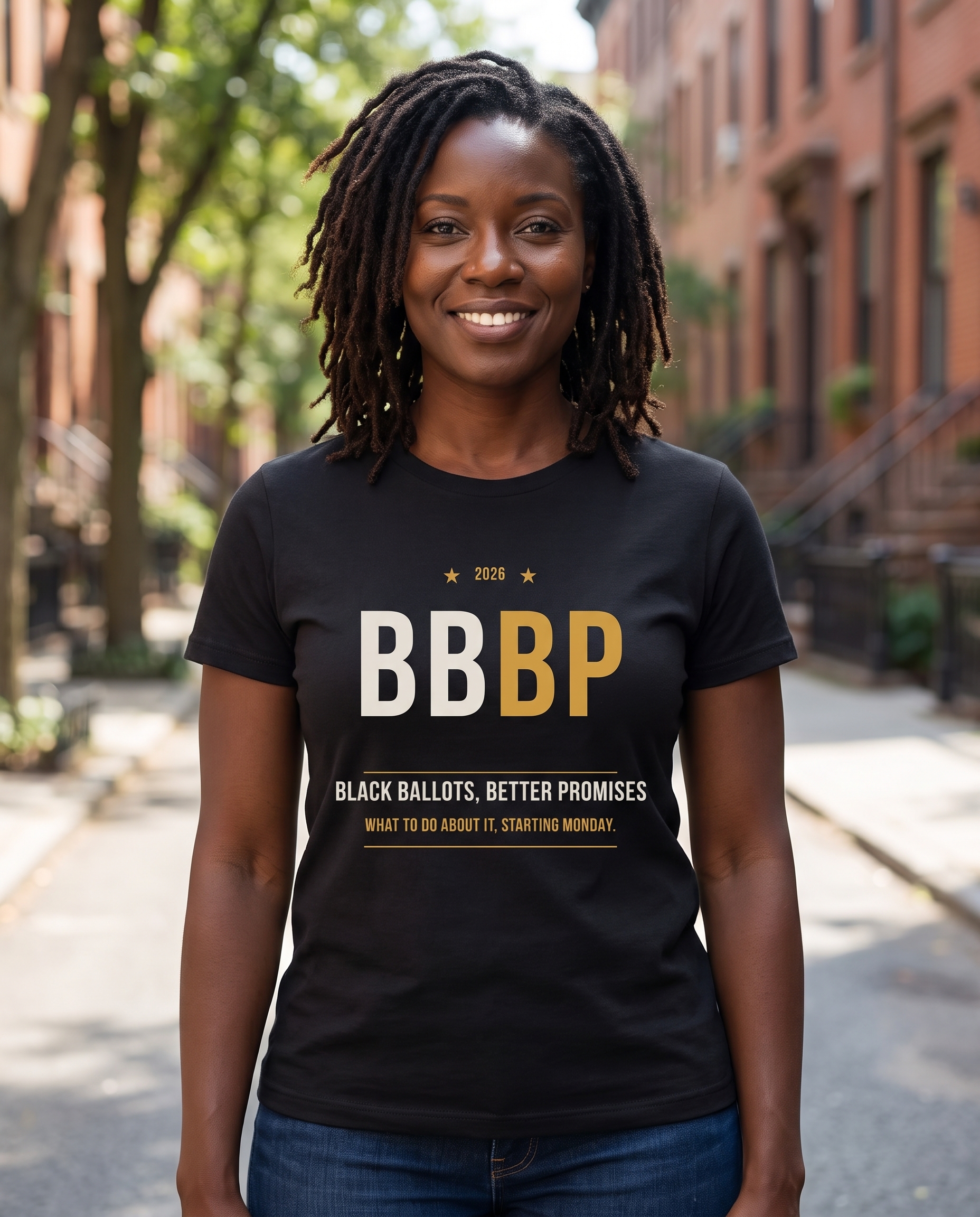 Woman wearing the black Black Ballots, Better Promises tee