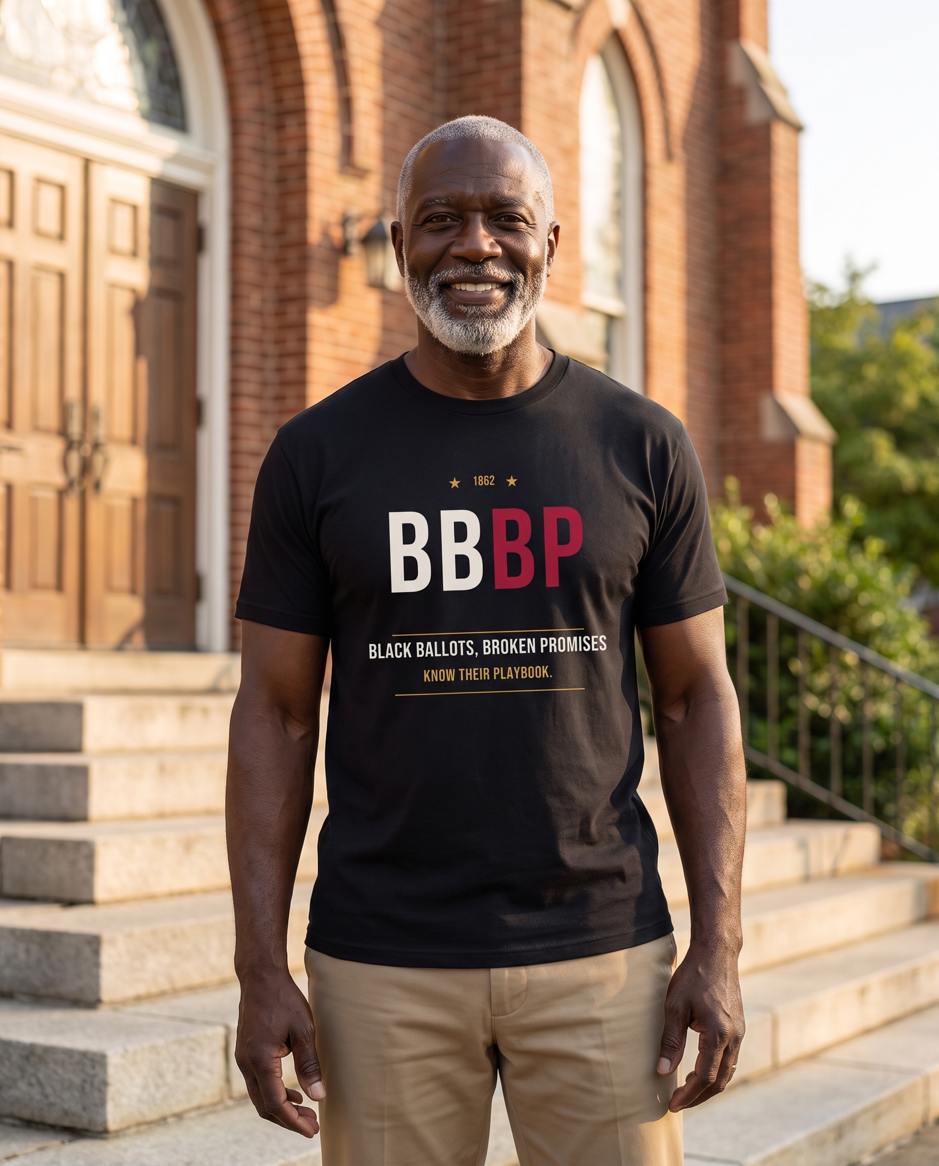 Man wearing the black BBBP Know Their Playbook tee
