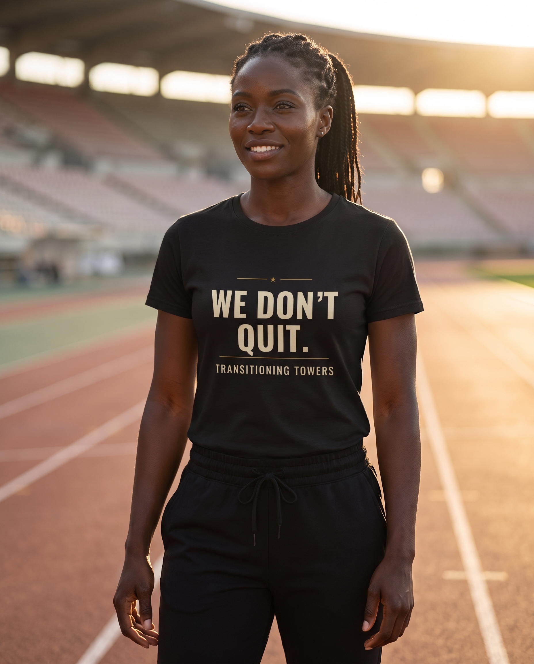 Woman wearing the black We Don't Quit tee