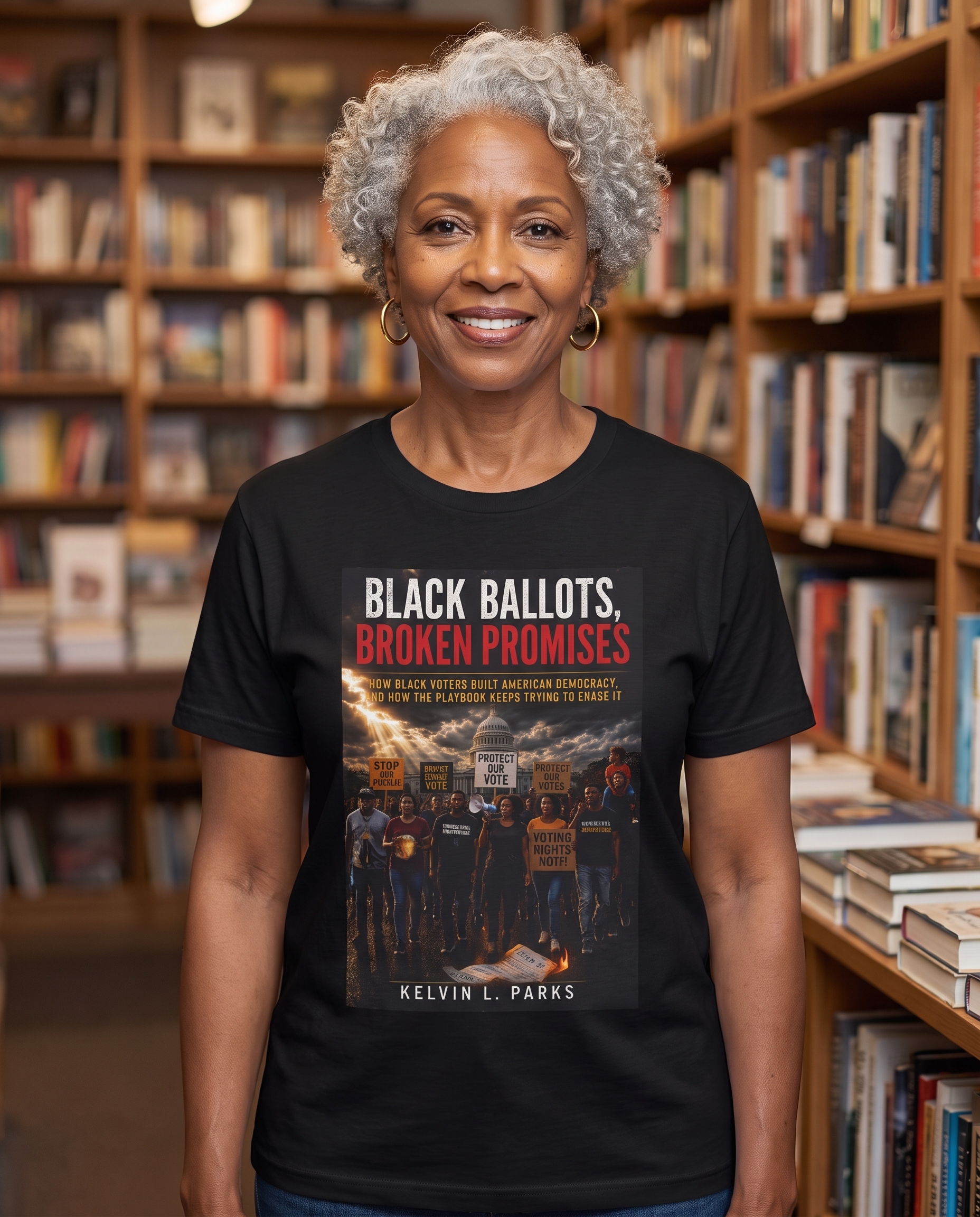 Woman wearing the black Black Ballots, Broken Promises book cover tee