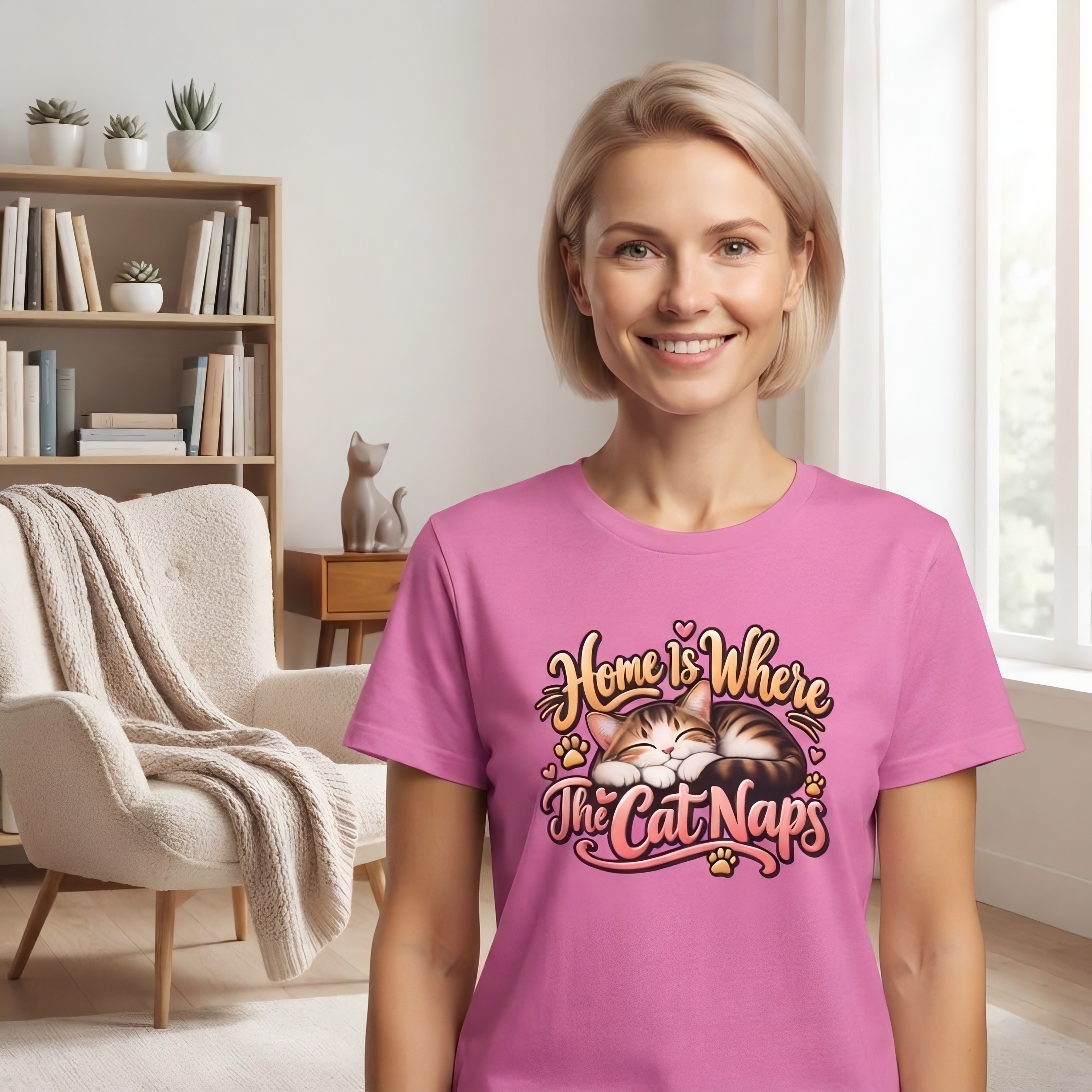 Home Is Where The Cat Naps Teeshirt, Cute Cat Lover Gift, Pink Cat Mom Shirt, Sleeping Cat Graphic Tee