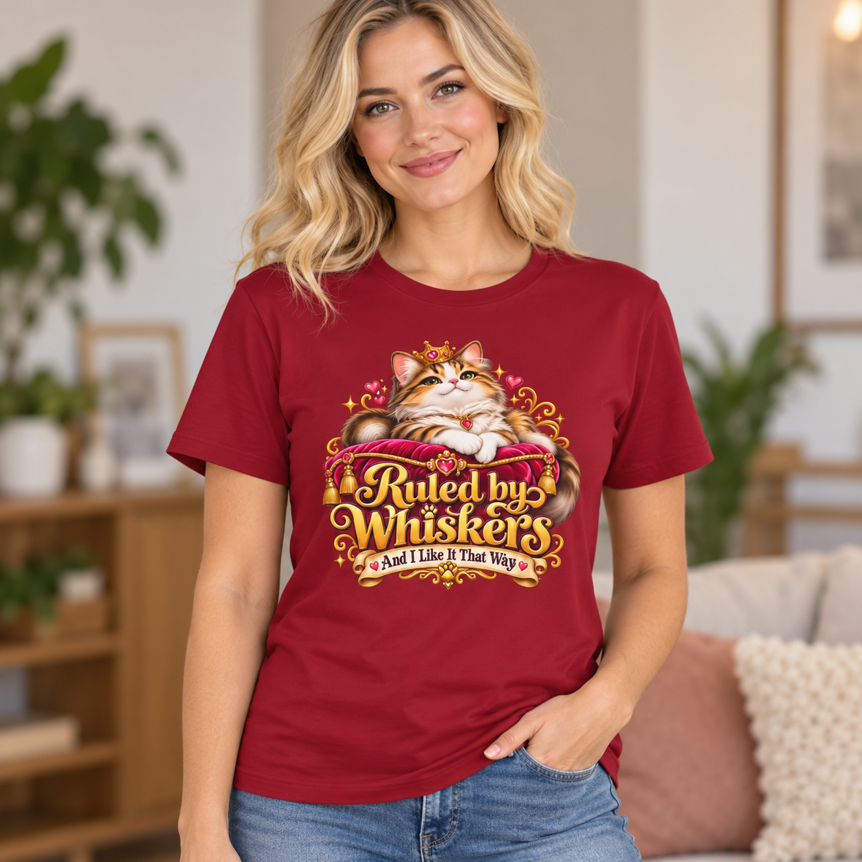 Ruled by Whiskers Cat Lover Teeshirt, Cute Cat Mom Gift, Funny Cat Graphic Shirt, Crowned Cat Tee