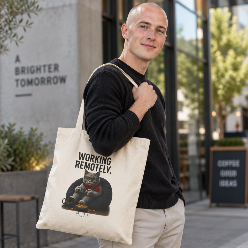 Miso The Cat Tote Bag — "Working Remotely" Canvas Shopper
