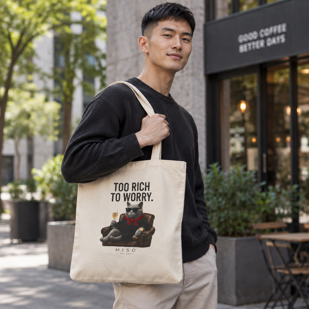Miso The Cat Tote Bag — "Too Rich To Worry" Canvas Shopper