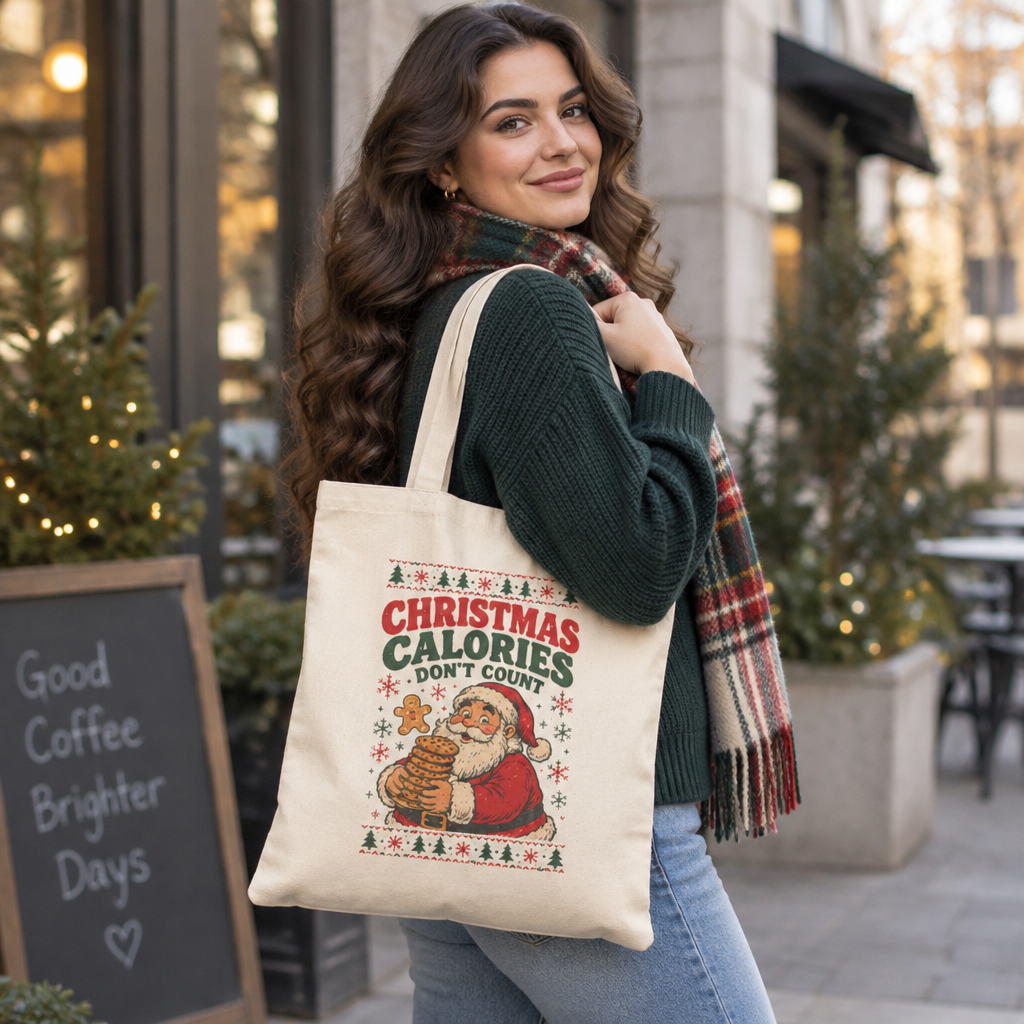 Ugly Christmas Tote Bag — "Xmas Calories Don't Count " Canvas Shopper