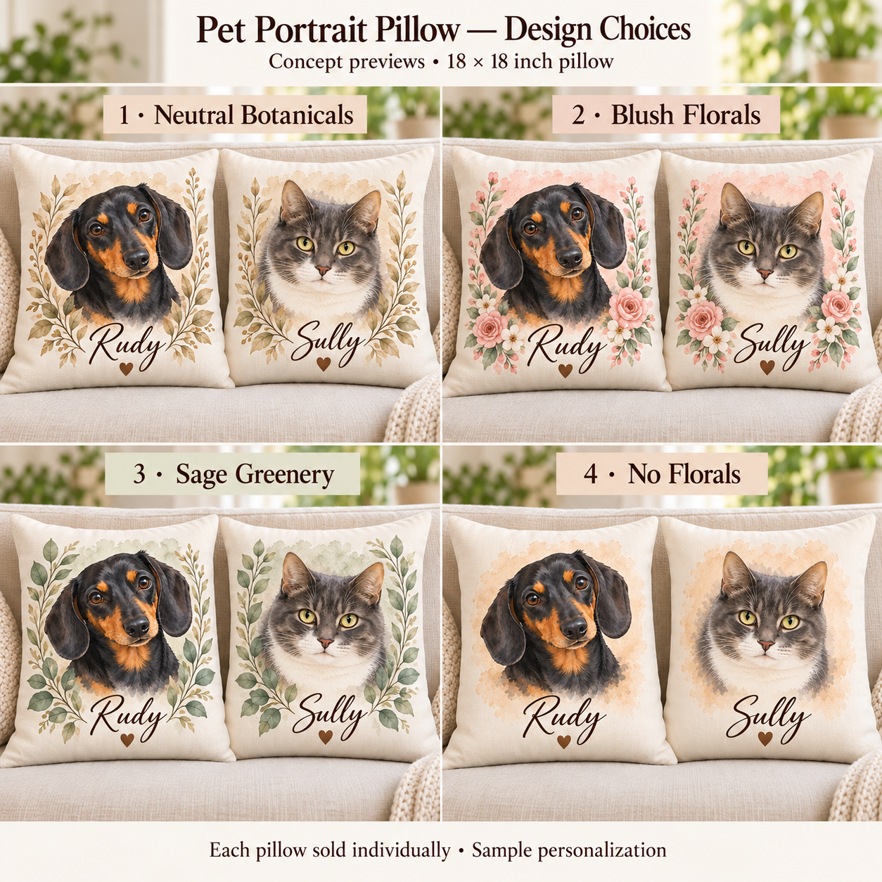 Sully cat pillow example in Neutral Botanicals